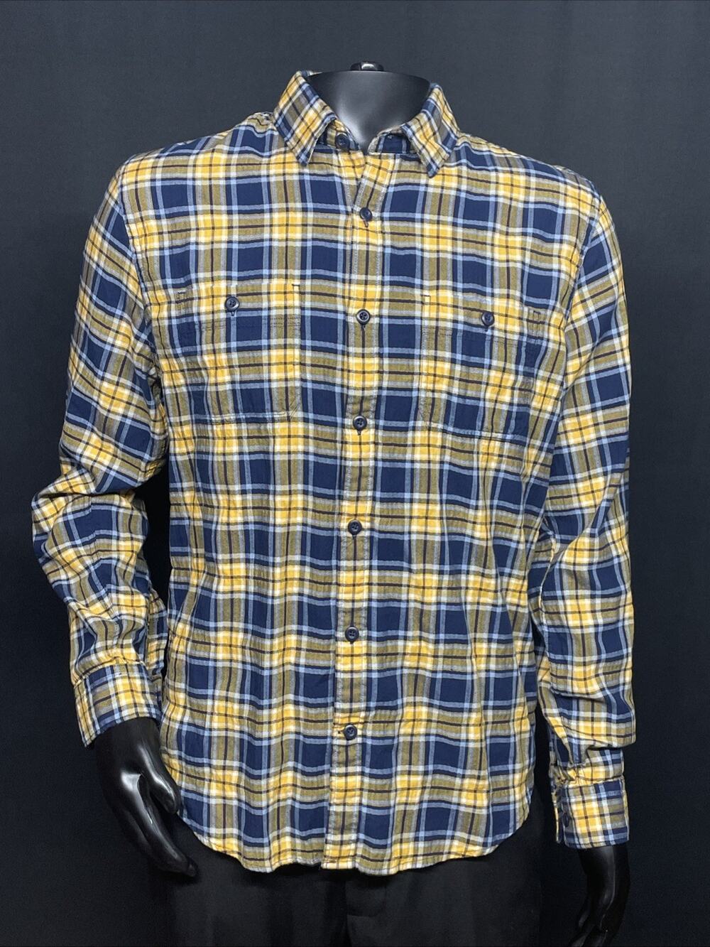 Express Mens Size Large Flannel Shirt Button Up Blue Yellow Plaid Long Sleeve